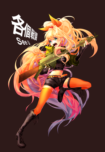 Anime picture 700x1010 with vocaloid seeu nine (artist) single tall image open mouth blonde hair simple background green eyes pink hair ponytail very long hair multicolored hair inscription two-tone hair bare belly jumping brown background girl thighhighs