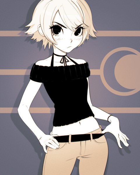 Anime picture 1500x1875 with original ilya kuvshinov single tall image looking at viewer fringe short hair blonde hair black eyes off shoulder midriff hand on hip monochrome halterneck serious hands on hips white skin polychromatic girl navel