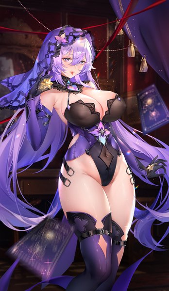 Anime picture 4000x6896 with honkai: star rail honkai (series) black swan (honkai: star rail) melailai single long hair tall image looking at viewer fringe highres breasts open mouth light erotic hair between eyes large breasts standing purple eyes holding signed absurdres