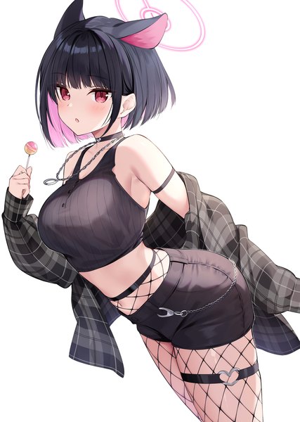 Anime picture 1200x1686 with blue archive kazusa (blue archive) oryou single tall image looking at viewer blush fringe short hair open mouth black hair simple background red eyes standing white background bare shoulders holding animal ears blunt bangs multicolored hair