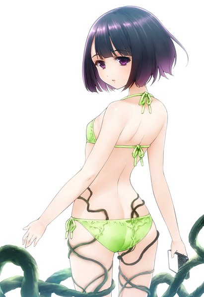 Anime picture 548x800 with darwin's game kashiwagi rein takahata yuki single tall image looking at viewer fringe short hair open mouth light erotic simple background standing white background purple eyes holding purple hair ass blunt bangs looking back from behind