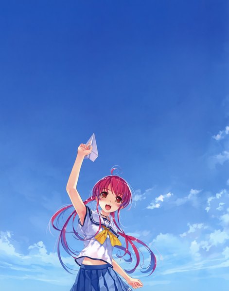 Anime picture 2738x3490 with suiheisen made nan mile? miyamae tomoka misaki kurehito single long hair tall image blush fringe highres open mouth smile red eyes twintails pink hair game cg sky cloud (clouds) ahoge outdoors pleated skirt
