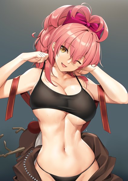 Anime picture 848x1200 with idolmaster idolmaster cinderella girls jougasaki mika tony guisado single long hair tall image looking at viewer blush fringe breasts open mouth light erotic simple background smile hair between eyes large breasts standing yellow eyes payot