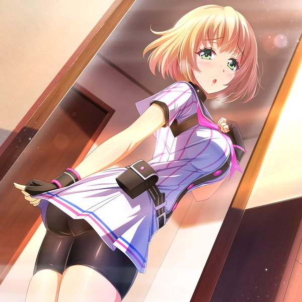 Anime picture 2000x2000 with hachigatsu no cinderella nine nozaki yuuki's mother nyanmaru (artist) single blush fringe highres short hair breasts open mouth light erotic blonde hair standing green eyes looking away ass indoors blunt bangs from behind sunlight