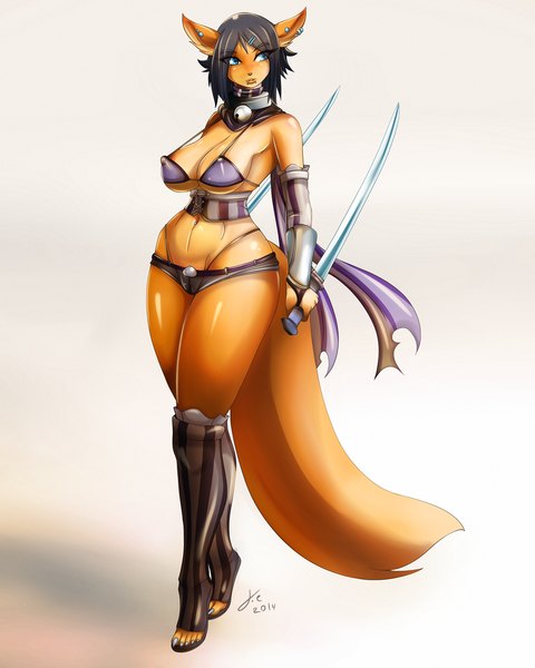 Anime picture 1040x1300 with jessicaelwood (artist) single tall image short hair breasts blue eyes light erotic black hair large breasts animal ears tail animal tail erect nipples covered nipples monster girl girl navel underwear panties weapon