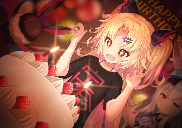Anime picture 3000x2121 with virtual youtuber uni channel himari song akatsuki uni mochizuki himari bettle (b s a n) long hair blush highres open mouth blonde hair smile red eyes multiple girls animal ears yellow eyes white hair :d fang (fangs) two side up