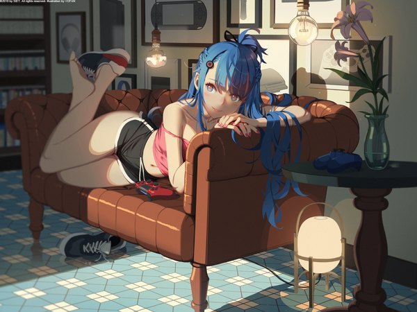 Anime picture 1600x1200 with sony ai-chan (playstation) vofan single long hair looking at viewer blush fringe blue eyes light erotic smile hair between eyes bare shoulders signed payot blue hair full body indoors lying braid (braids)