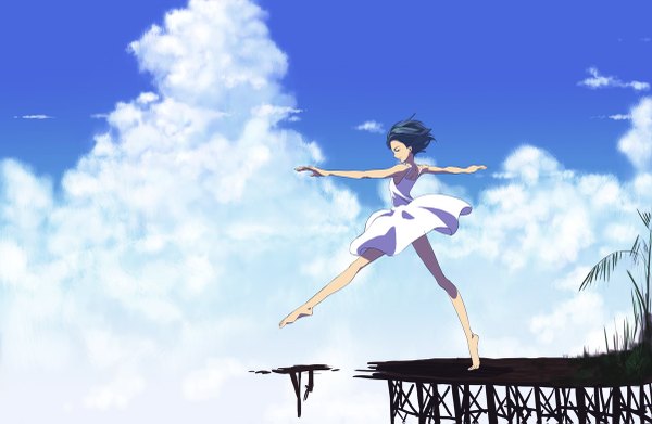 Anime picture 1200x783 with original kawamura rukanan single short hair bare shoulders blue hair sky cloud (clouds) barefoot wind spread arms girl dress white dress sundress