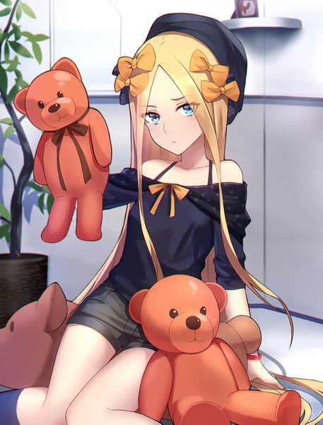 Anime picture 1040x1365 with fate (series) fate/grand order abigail williams (fate) shiguru single long hair tall image looking at viewer blush fringe blue eyes blonde hair sitting bare shoulders holding payot indoors off shoulder alternate costume thigh gap