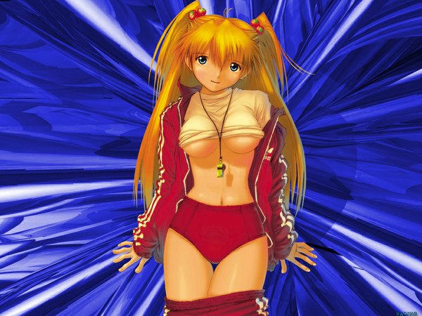 Anime picture 1024x768 with neon genesis evangelion gainax soryu asuka langley kobayashi yuji long hair blue eyes light erotic blonde hair pants t-shirt track jacket whistle