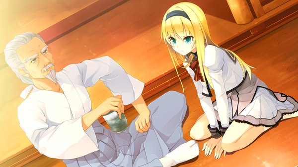 Anime picture 1280x720 with hyouka no mau sora ni alictia bright long hair blonde hair wide image green eyes game cg girl boy uniform school uniform hairband beard