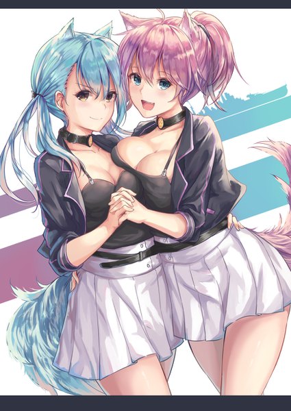 Anime picture 878x1239 with kantai collection azur lane aoba heavy cruiser aoba (azur lane) tama satou long hair tall image looking at viewer fringe short hair breasts open mouth blue eyes light erotic smile hair between eyes large breasts standing multiple girls animal ears