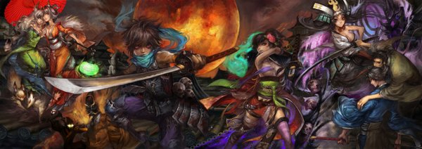 Anime picture 2828x1000 with oboro muramasa (game) vanillaware momohime kongiku yuzuruha kisuke torahime yukinojyo yagyu chang (artist) long hair highres short hair blue eyes black hair brown hair wide image purple eyes brown eyes cleavage silver hair