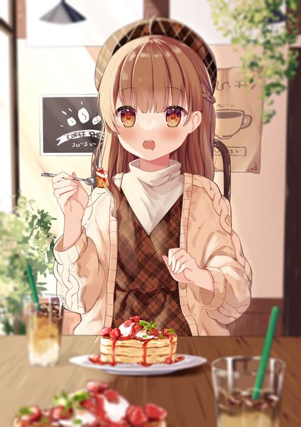 Anime picture 2894x4093 with original okiq single long hair tall image blush fringe highres open mouth brown hair brown eyes indoors half updo plaid girl food beret drink turtleneck cardigan