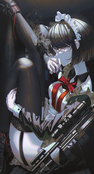 Anime picture 2221x4096 with original noubin single tall image fringe highres short hair light erotic black hair hair between eyes red eyes sitting holding looking away long sleeves nail polish profile fingernails sparkle maid