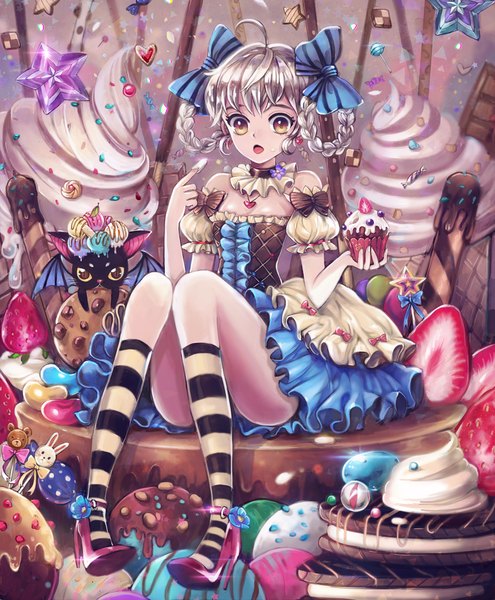 Anime picture 900x1091 with original dangmill long hair tall image looking at viewer fringe open mouth sitting holding brown eyes yellow eyes braid (braids) grey hair pantyshot twin braids pantyshot sitting bat wings convenient leg girl thighhighs