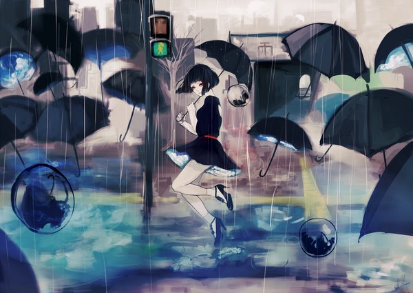 Anime picture 2357x1671 with original maydell single highres short hair black hair brown eyes full body rain sky print girl dress umbrella