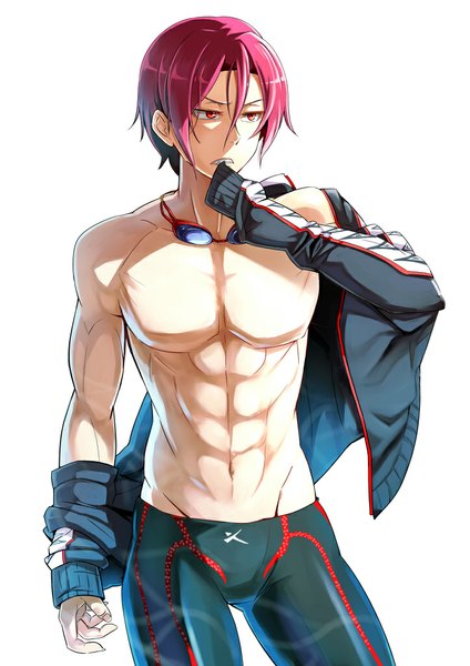 Anime-Bild 723x1023 mit free! kyoto animation matsuoka rin emerane single tall image short hair light erotic simple background red eyes standing white background holding looking away red hair open clothes open jacket teeth mouth hold groin