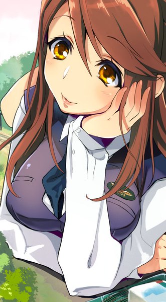 Anime picture 552x1000 with rail wars! iida nana yajiro masaru single long hair tall image looking at viewer blush fringe breasts hair between eyes brown hair large breasts yellow eyes upper body outdoors long sleeves light smile head rest hand on face