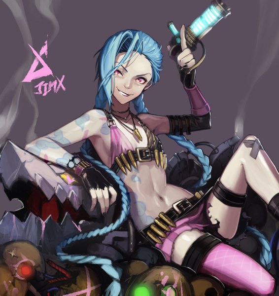 Anime picture 1418x1505 with league of legends jinx (league of legends) deilrimix single tall image breasts light erotic simple background smile sitting blue hair looking away braid (braids) very long hair nail polish pink eyes inscription grey background bare belly armpit (armpits)