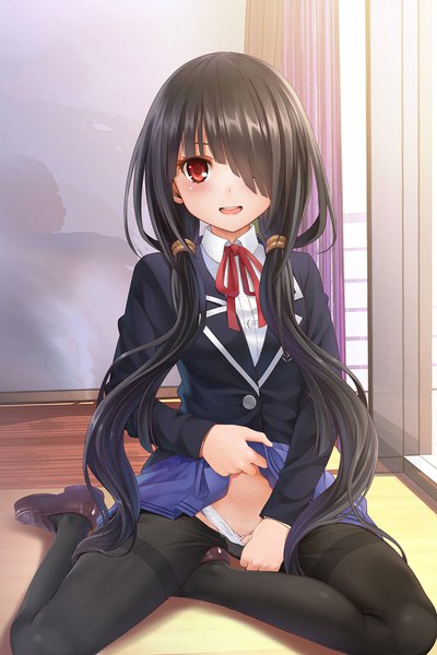 Anime picture 1200x1800 with date a live tokisaki kurumi denhijou niki single long hair tall image looking at viewer blush fringe open mouth light erotic black hair red eyes sitting twintails bent knee (knees) indoors hair over one eye skirt lift yokozuwari