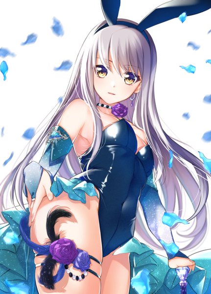 Anime picture 1134x1577 with bang dream! minato yukina tsurugi hikaru single long hair tall image looking at viewer blush breasts open mouth light erotic simple background smile white background animal ears yellow eyes grey hair bunny ears covered navel skindentation