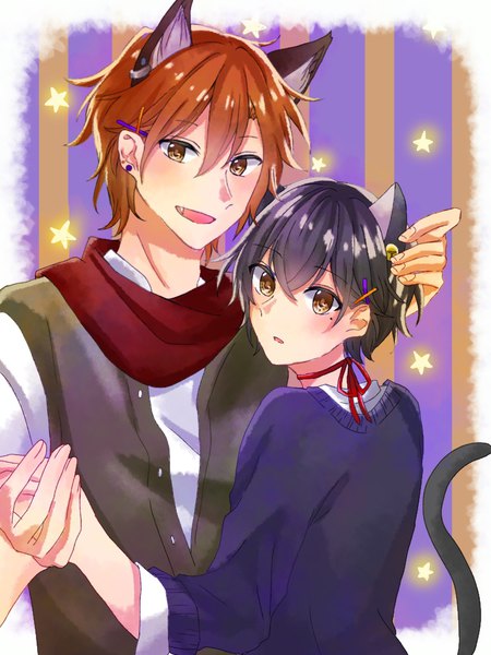 Anime picture 768x1024 with sasaki to miyano sasaki shuumei miyano yoshikazu kon (24566109) tall image looking at viewer blush fringe short hair open mouth black hair smile hair between eyes brown eyes animal ears upper body tail animal tail looking back cat ears