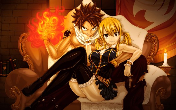 Anime picture 2560x1600 with fairy tail lucy heartfilia natsu dragneel long hair highres short hair light erotic blonde hair smile wide image twintails bare shoulders brown eyes pink hair tattoo couple crossed legs girl thighhighs boy