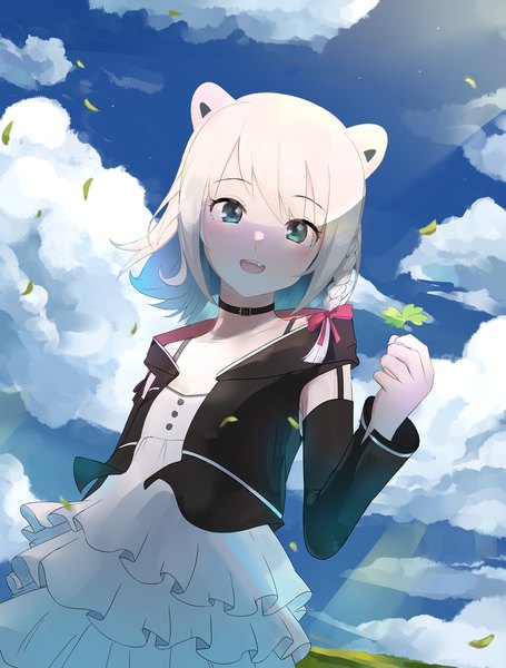 Anime picture 2700x3564 with virtual youtuber indie virtual youtuber kumagai chisato oppaniichan single tall image looking at viewer fringe highres short hair open mouth smile standing holding green eyes animal ears sky cloud (clouds) upper body outdoors