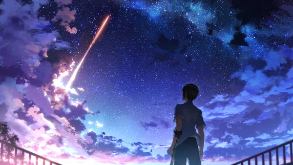 Anime-Bild 3840x2160 mit atri-my dear moments- yusano single highres short hair black hair wide image standing absurdres game cg cloud (clouds) outdoors from behind night from below night sky morning sunrise milky way boy