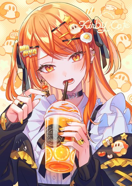 Anime picture 1771x2500 with kirby (series) original waddle dee zoff (daria) single long hair tall image looking at viewer fringe highres upper body nail polish head tilt orange hair orange eyes two side up piercing ear piercing multicolored nail polish girl