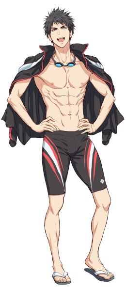 Anime picture 520x1200 with sensei wa nekketsu ga areba juubunda tagme (character) zawar379 single tall image looking at viewer fringe short hair open mouth blue eyes black hair simple background smile white background full body :d official art muscle clothes on shoulders hands on hips