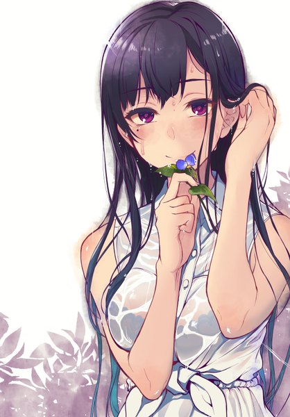 Anime picture 603x865 with ane naru mono chiyo (ane naru mono) pochi (pochi-goya) single long hair tall image looking at viewer blush fringe breasts light erotic black hair simple background smile large breasts white background purple eyes holding upper body hair over one eye