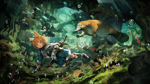 Anime picture 1600x900 with original jean popo single fringe short hair wide image purple eyes animal ears looking away bent knee (knees) parted lips looking back orange hair fox ears fox girl underwater fantasy surprised swimming girl