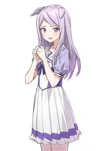 Anime picture 1200x1697 with umamusume mejiro mcqueen (umamusume) fpanda single long hair tall image looking at viewer blush open mouth simple background white background purple eyes animal ears purple hair pleated skirt puffy sleeves hands clasped horse ears girl skirt