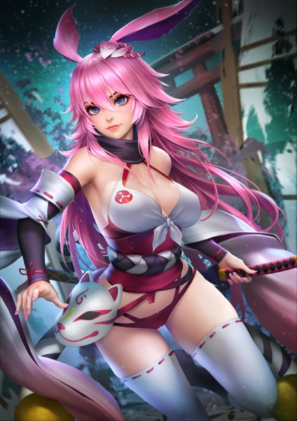 Anime picture 2480x3508 with honkai impact 3rd benghuai xueyuan honkai (series) yae sakura nudtawut thongmai single long hair tall image looking at viewer blush fringe highres breasts blue eyes light erotic hair between eyes standing animal ears payot pink hair