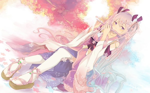 Anime picture 1920x1200 with vocaloid hatsune miku sakura miku bzerox single looking at viewer highres sitting purple eyes twintails pink hair very long hair traditional clothes japanese clothes girl thighhighs hair ornament flower (flowers) bow hair bow