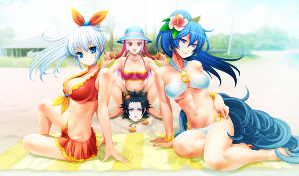 Anime picture 1650x975 with ujuju long hair short hair blue eyes light erotic black hair red eyes wide image purple eyes multiple girls blue hair pink hair white hair ponytail hair flower group girl boy navel hair ornament