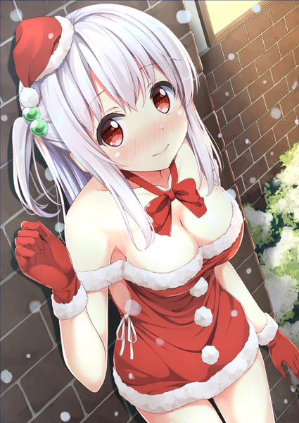 Anime picture 1003x1417 with original tisshu (karutamo) karutamo single long hair tall image looking at viewer blush fringe breasts light erotic hair between eyes red eyes standing bare shoulders payot cleavage outdoors white hair from above