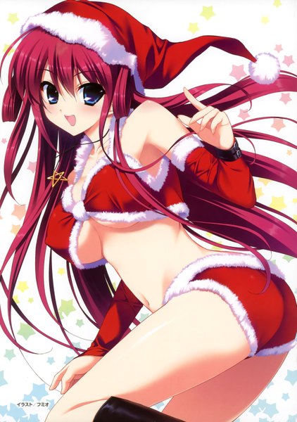 Anime picture 2463x3500 with grisaia no kajitsu suou amane fumio (ura fmo) single long hair tall image highres breasts open mouth blue eyes light erotic bare shoulders ass red hair scan bare legs fur trim christmas girl navel