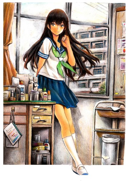 Anime picture 1200x1650 with nobita (makoto7060355) tall image black hair smile city girl uniform socks serafuku window building (buildings) white socks knee socks table notebook