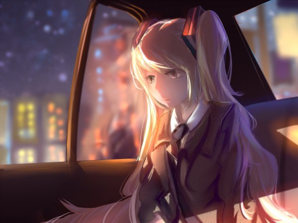 Anime picture 1200x900 with vocaloid hatsune miku deadjdk single long hair fringe sitting twintails looking away pink eyes green hair blurry night looking down shaded face sad formal car interior girl hair ornament
