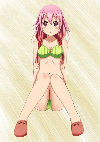 Anime picture 1157x1636 with guilty crown production i.g yuzuriha inori onsne long hair tall image looking at viewer blush light erotic red eyes sitting pink hair underwear only girl navel hair ornament underwear panties shoes hairclip