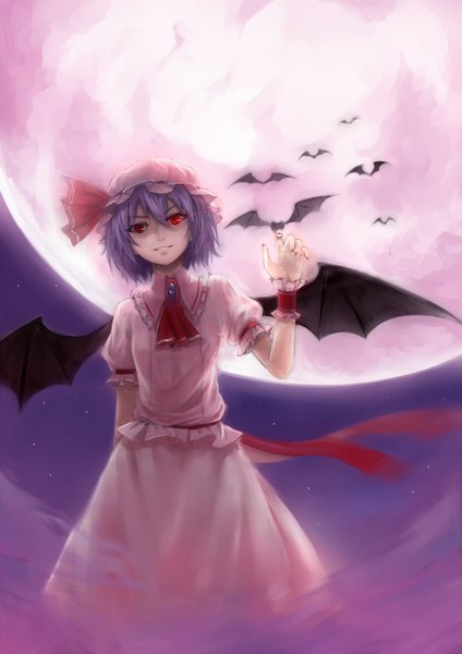 Anime picture 1188x1680 with touhou remilia scarlet sola7764 single tall image looking at viewer short hair smile red eyes purple hair nail polish night bat wings girl dress skirt wings bonnet full moon skirt set