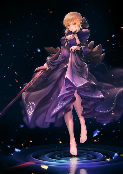 Anime picture 2481x3508 with fate (series) fate/grand order artoria pendragon (all) saber alter botamochi single tall image looking at viewer fringe highres short hair breasts light erotic simple background blonde hair smile hair between eyes holding yellow eyes payot