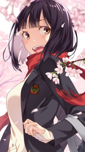 Anime picture 742x1324 with original kimura (ykimu) single tall image looking at viewer blush fringe short hair open mouth black hair brown eyes upper body blunt bangs cherry blossoms girl uniform flower (flowers) school uniform petals scarf