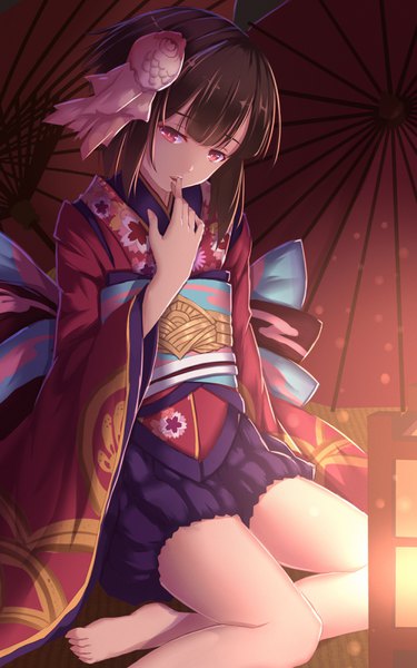 Anime picture 2000x3200 with onmyoji kagura (onmyoji) bakanoe single long hair tall image looking at viewer fringe highres black hair sitting bent knee (knees) traditional clothes japanese clothes pink eyes barefoot wide sleeves bare legs lens flare finger to mouth