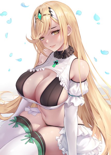 Anime picture 5000x7000 with xenoblade xenoblade 2 mythra (xenoblade) chihunhentai single long hair tall image looking at viewer fringe highres breasts light erotic simple background blonde hair smile large breasts white background sitting bare shoulders yellow eyes