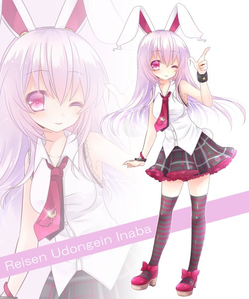 Anime picture 1000x1200 with touhou reisen udongein inaba kuroki mashiro single long hair tall image looking at viewer blush animal ears pink hair tail animal tail one eye closed pink eyes wink bunny ears character names plaid skirt bunny girl bunny tail