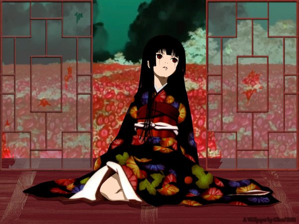 Anime picture 1600x1200 with hell girl studio deen long hair fringe black hair red eyes sitting payot long sleeves traditional clothes parted lips japanese clothes floral print looking up vector transparent flower (flowers) obi yukata room